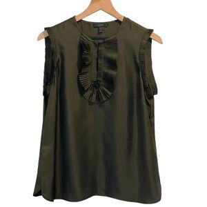 J. Crew Margo Sleeveless Ruffled Blouse, 100% Silk, Deep Olive Green, Size 10